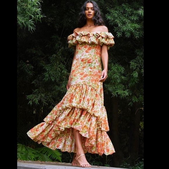 Misa Los Angeles Consuela Floral Off The Shoulder Metallic Maxi Dress Summer